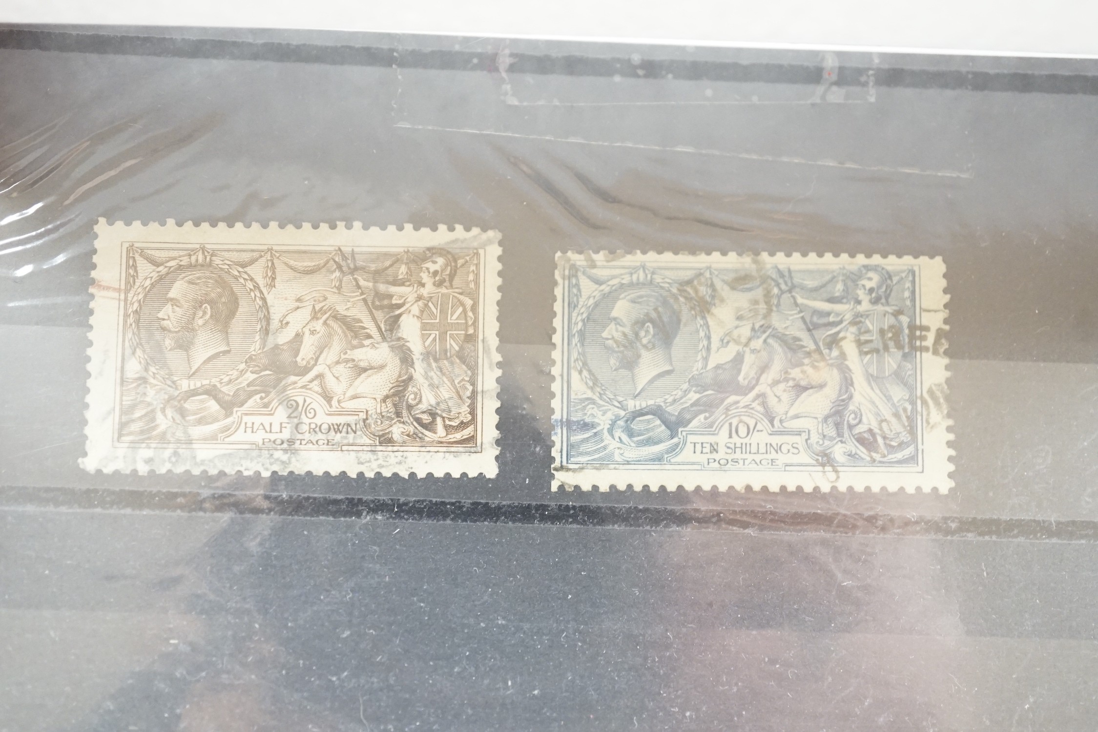 Great Britain covers seahorses with 1915 de la rue 5 shilling, mint (2),1918 2 shilling, 6d, 10 shilling used